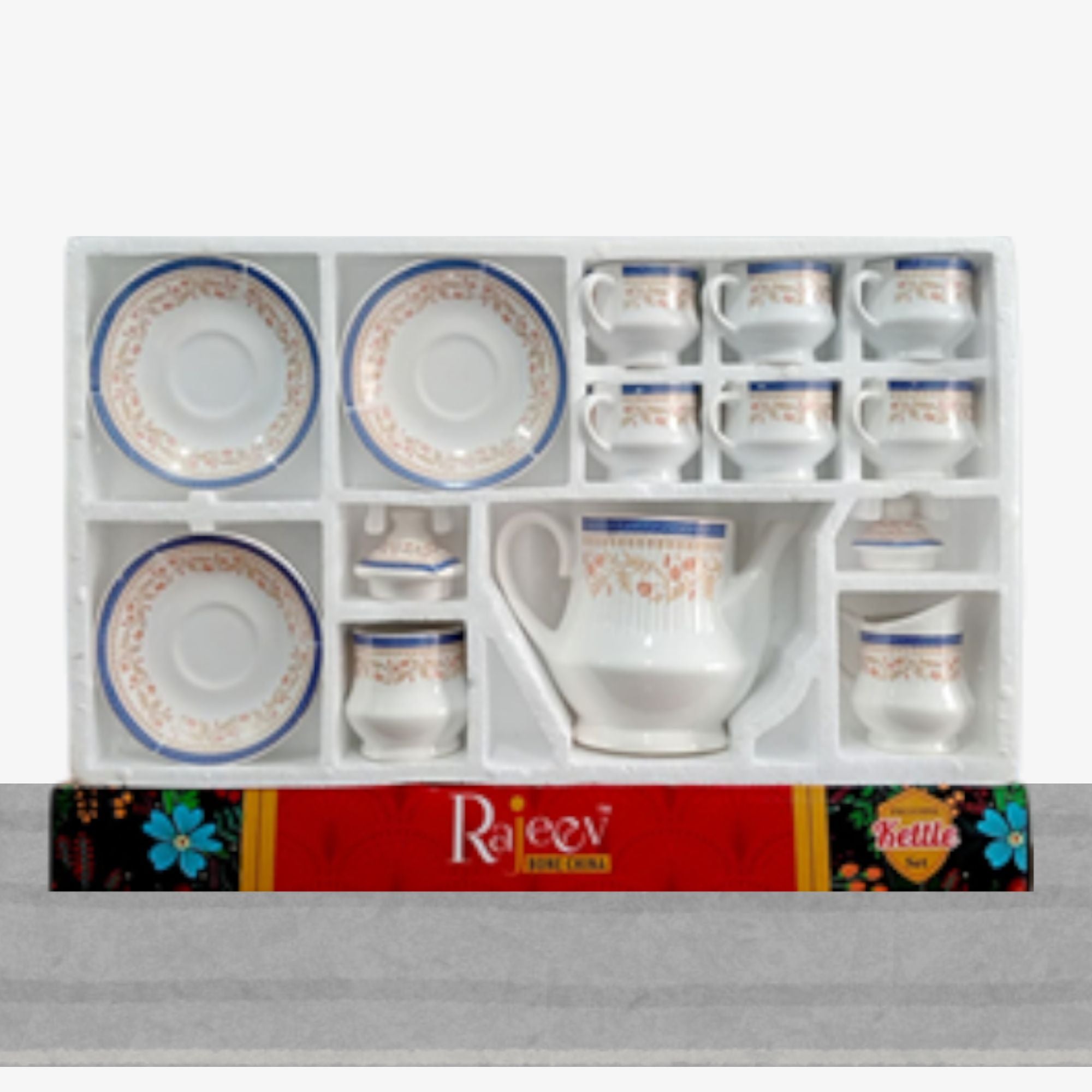 White & Blue Trim Kettle Set Chain Rajeev